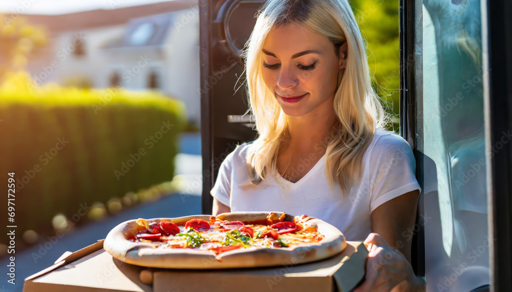 Pretty Woman Holding Delicious Pizza for Delivery