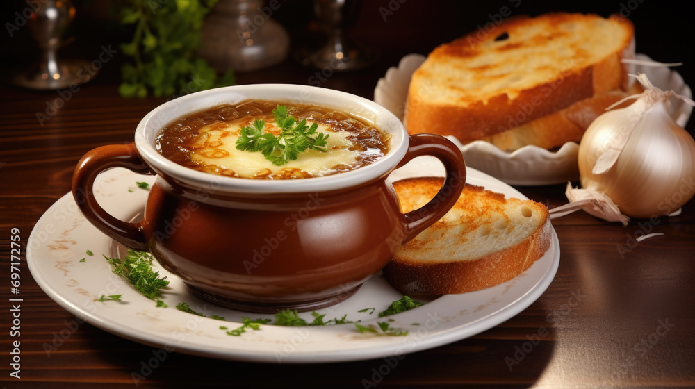 Warm onion soup: savory broth, caramelized onions, topped with melted cheese, a comforting classic Warm onion soup: savory broth, caramelized onions, topped with melted cheese, a comforting classic