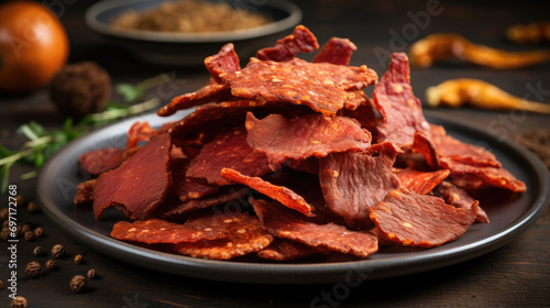 Tasty beef jerky seasoned and dried meat, a portable protein snack, perfect for quick energy. photo