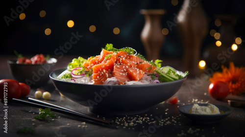 Vibrant poke bowl fresh salmon, colorful veggies, atop a bed of rice, a healthy culinary delight photo