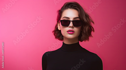 Young woman with party theme on a pink background