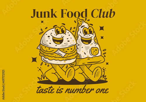 Junk Food club, taste is number one. Character illustration of walking burger and pizza