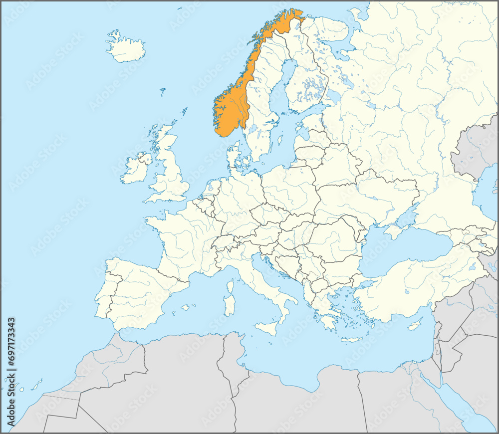 Orange CMYK national map of NORWAY inside detailed beige blank political map of European continent with rivers and lakes on blue background using Mercator projection