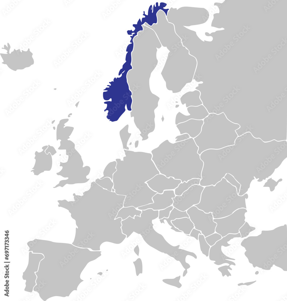 Obraz premium Blue CMYK national map of NORWAY inside simplified gray blank political map of European continent on transparent background using Mercator projection