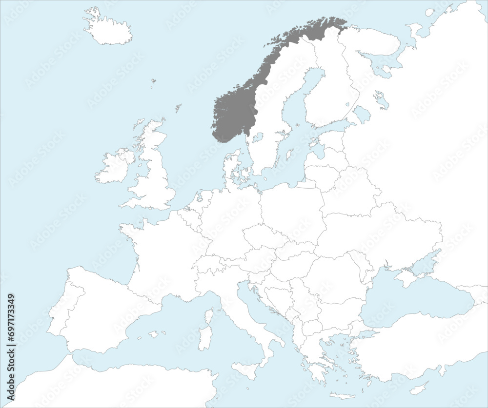Gray CMYK national map of NORWAY inside detailed white blank political map of European continent on blue background using Mollweide projection