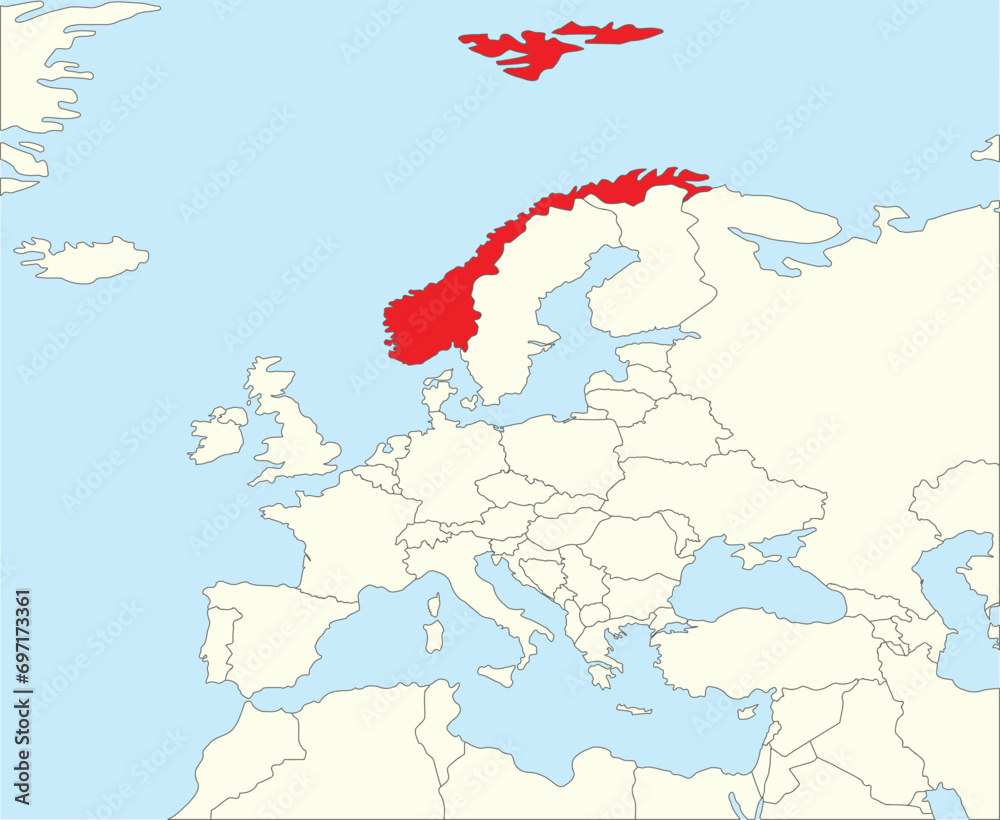 Red CMYK national map of NORWAY inside simplified beige blank political map of European continent on blue background using Winkel Tripel projection
