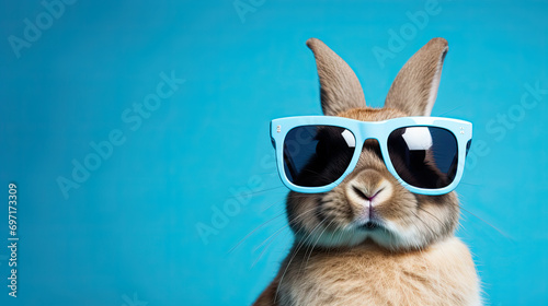 Cool bunny with sunglasses. Easter party concept. Isolated on blue background photo