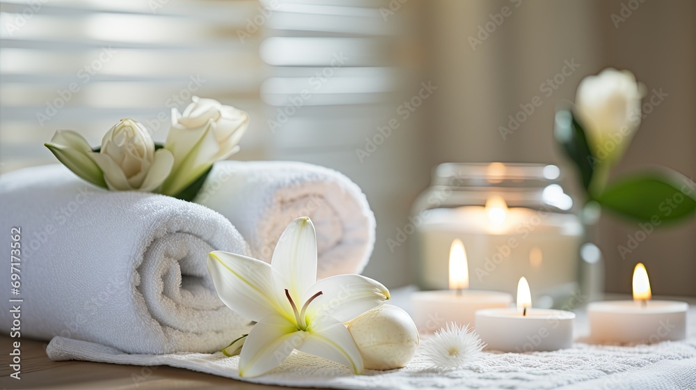 Showcase the spa environment with attention to details like candles, soft towels, and soothing colors Showcase the spa environment with attention to details like candles, soft towels, and soothing colors