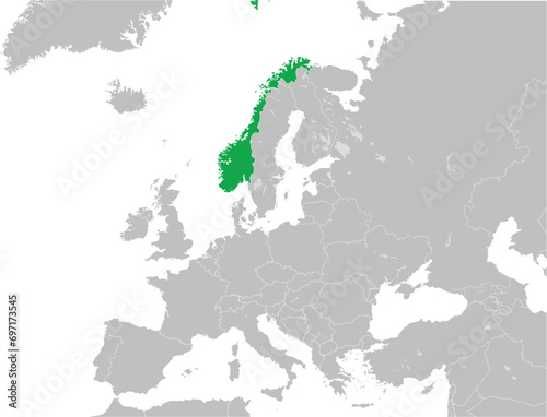 Green CMYK national map of NORWAY inside detailed gray blank political map of European continent with lakes on transparent background using Mercator projection