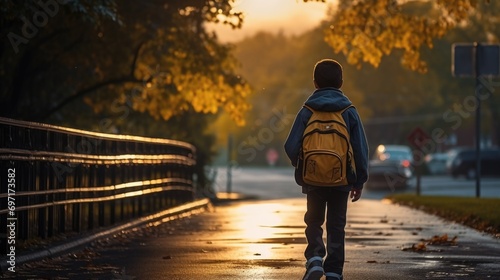 Schoolboy walking to school bus 