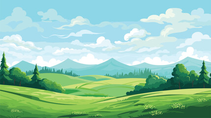 Gordijnen Koraalgroen  cartoon summer landscape with green hills trees. Vector illustration   © J.V.G. Ransika
