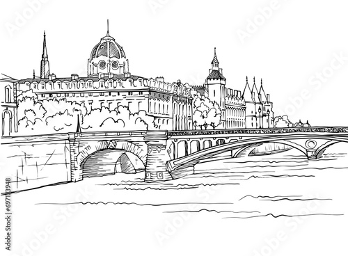 Nice view of ancient bridge in Paris. France. Hand drawn urban sketch. Black and white urban illustration. White background.