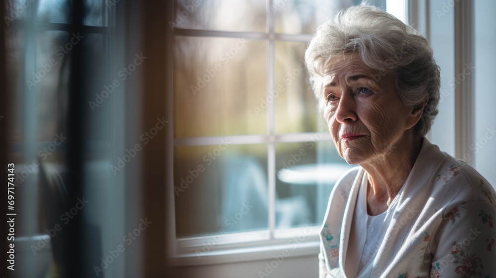 Senior caucasian woman in a nursing home looking through windows