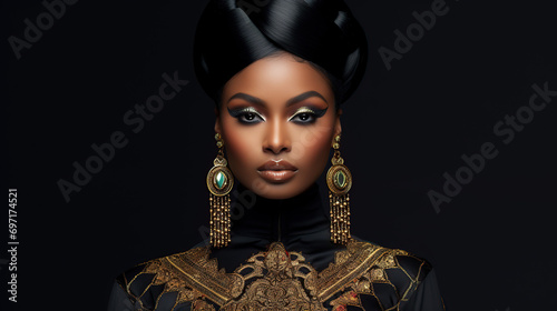 Fashionable woman with jewelry in close-up portrait on black background.