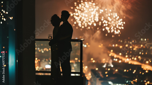 Couple on top of building watching fireworks above the city landscape