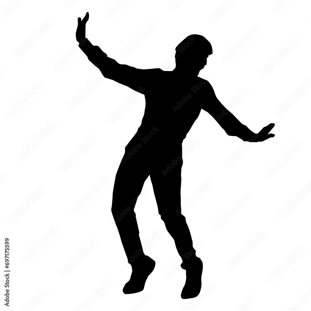Silhouette of a male dancer in action pose. Silhouette of a slim man in dancing pose. Silhouette of a male dancer in action pose. Silhouette of a slim man in dancing pose.