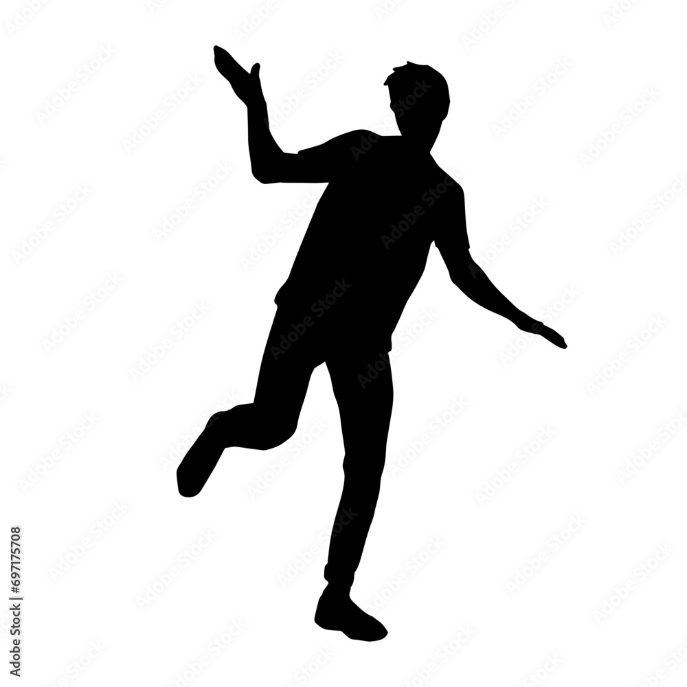 Silhouette of a male dancer in action pose. Silhouette of a slim man in dancing pose. Silhouette of a male dancer in action pose. Silhouette of a slim man in dancing pose.