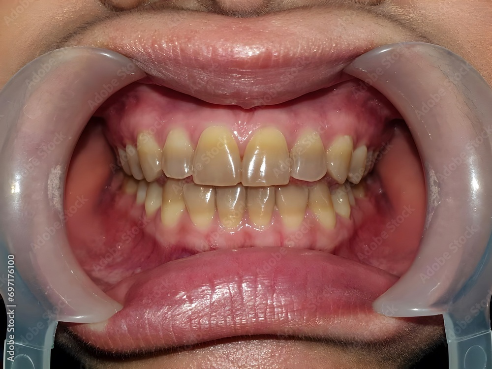 Fototapeta premium Closeup of teeth with tetracycline staining.