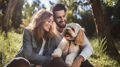 Couple spending time with pets in a park or at home. Capture the joy and laughter as they interact with their furry friends