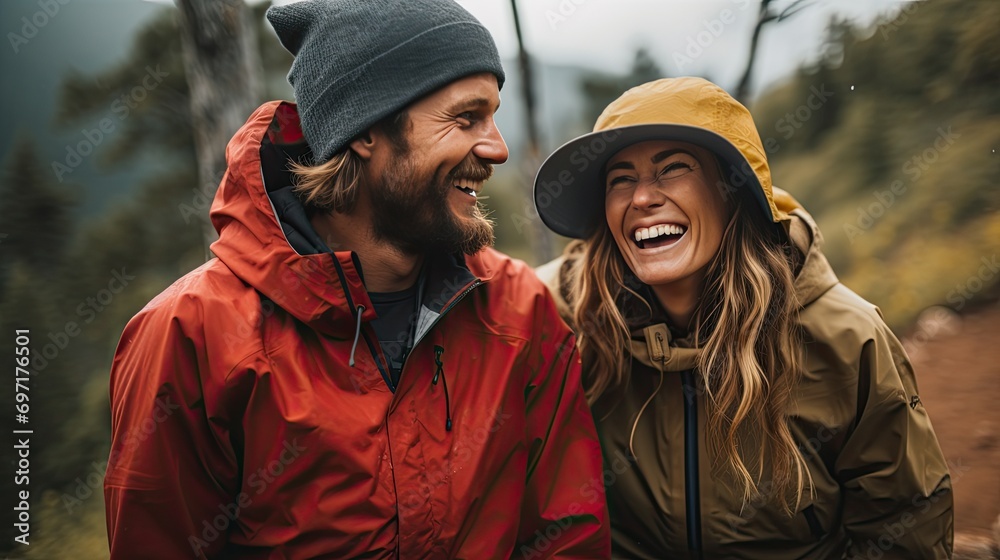 Fototapeta premium Hiking couple happily walking together