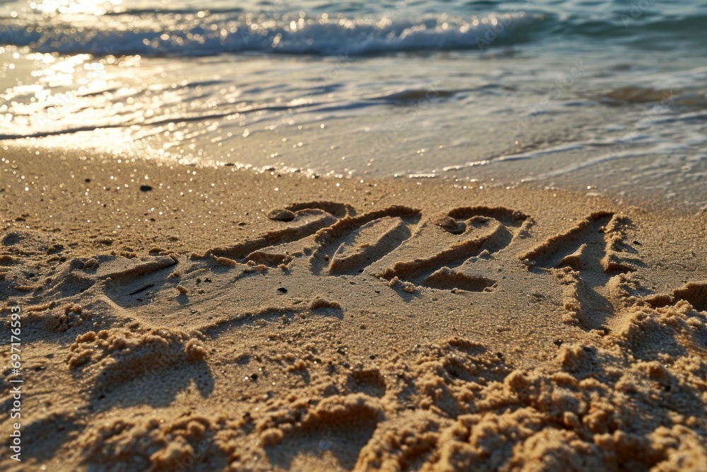 Fototapeta premium Hand writting of 2024 on sand beach Happy New Year concept background.