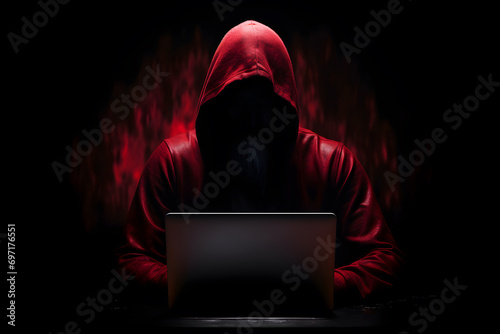 Anonymous hacker with computer laptop. Cybercrime, cyberattack, dark web, red hat concept. photo