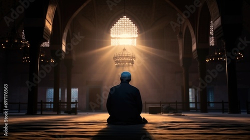 Silhouette of muslim male praying in old mosque