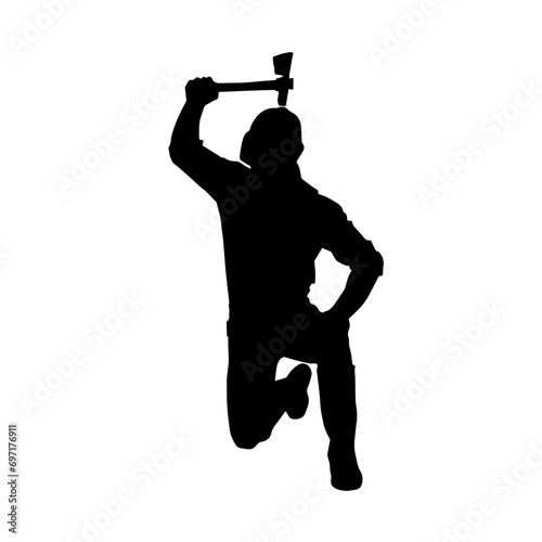 Silhouette of a worker in action pose using his axe tool.