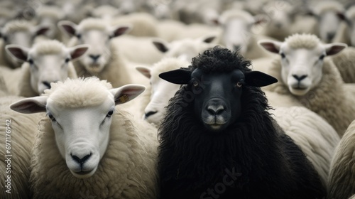 Single black sheep among white sheeps