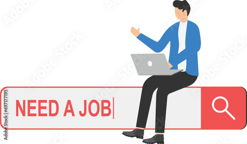 Young boy sitting on the stand needs job. Job searching. 

