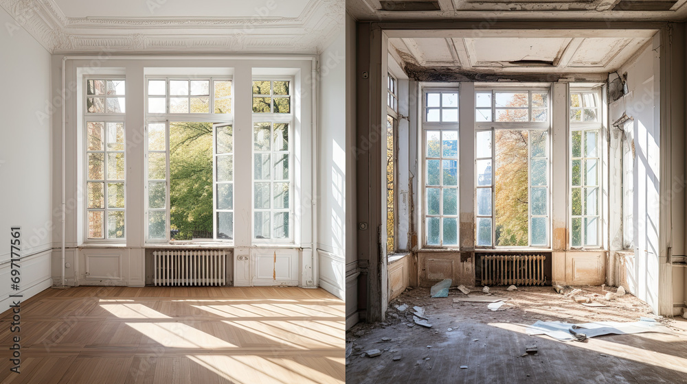 Renovated rooms with spacious windows and heating systems, both before and after the restoration process.  - obrazy, fototapety, plakaty 