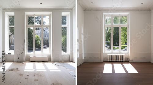 Renovated rooms with spacious windows and heating systems, both before and after the restoration process.  photo