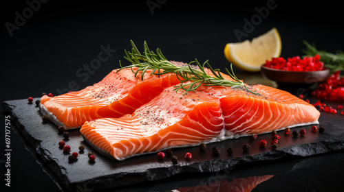 Fresh salmon pieces pepper rosemary leaves on stone