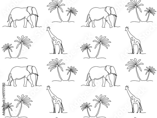 Black and white doodle African seamless pattern with one continuous line of art with palm trees, elephants and giraffes