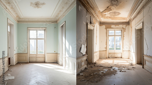 Renovated rooms with spacious windows and heating systems, both before and after the restoration process.  photo