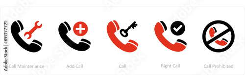 A set of 5 Contact icons as call maintenance, add call, call