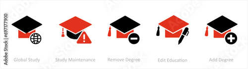 A set of 5 Contact icons as global study, study maintenance, remove degree