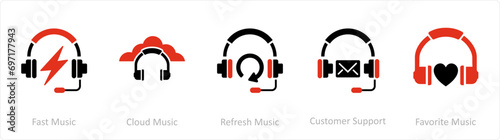 A set of 5 Contact icons as fast music, cloud music, refresh music
