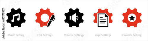 A set of 5 Contact icons as music setting, edit settings, volume settings
