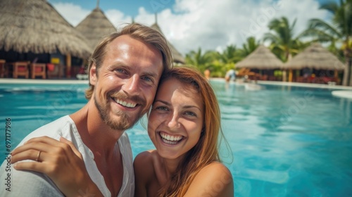 Wallpaper Mural Smiling happy couple in resort swimming pool Torontodigital.ca