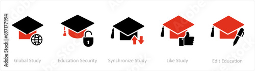 A set of 5 Contact icons as global study, education security, synchronize study