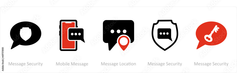 A set of 5 Contact icons as message security, mobile message, message location A set of 5 Contact icons as message security, mobile message, message location
