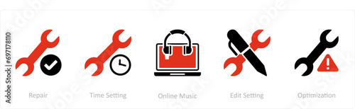 A set of 5 Contact icons as repair, time setting, online music, edit setting