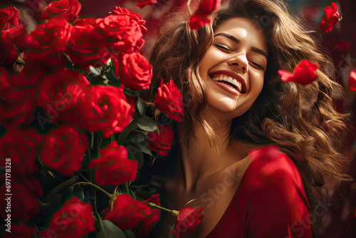 Wallpaper Mural A young beautiful woman bursts into exuberant joy from a gorgeous bouquet of roses in honor of Valentine's Day. Torontodigital.ca