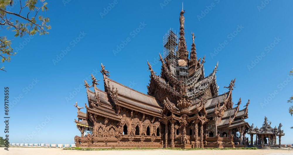 The Sanctuary of Truth wooden temple in Pattaya Thailand is a gigantic wooden construction located at the cape of Naklua Pattaya City Chonburi Thailand