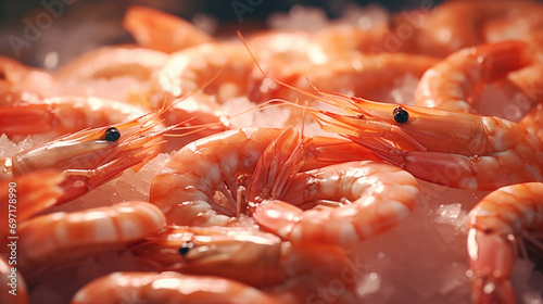 Freshly cooked shrimp & Prawn seafood displayed on ice.