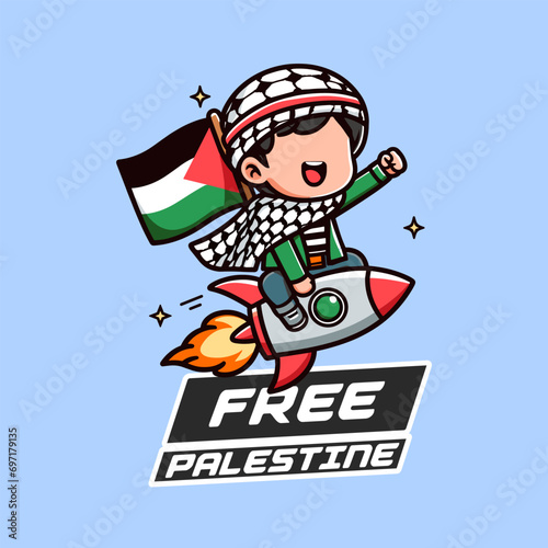 Palestinian child riding a rocket wearing Keffiyeh proudly waving the Free Palestine flag poster illustration
