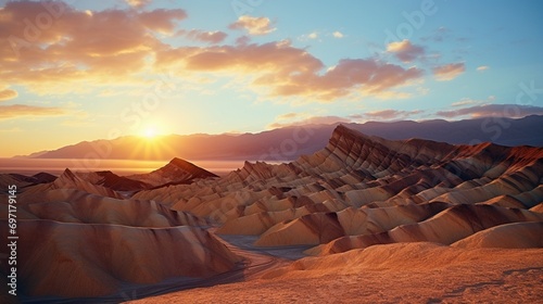 Sunset over Zabriskie Point's natural rock formations in Death Valley National Park, California, USA photo