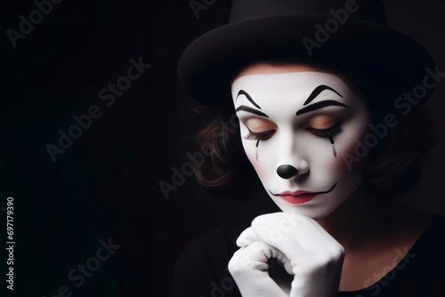 Portrait of a Sad mime on black background. ai generative photo