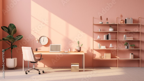 A modern, beautiful workspace, an office in delicate peach colors with an armchair, a computer, a table, a cactus and a shelf with books. Trending fashionable interior design. © liliyabatyrova
